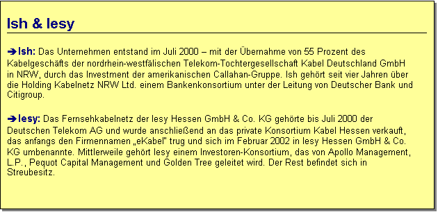 Textfeld: Ish & Iesy
èIsh: Das Unternehmen entstand im Juli 2000 – mit der Übernahme von 55 Prozent des Kabelgeschäfts der nordrhein-westfälischen Telekom-Tochtergesellschaft Kabel Deutschland GmbH in NRW, durch das Investment der amerikanischen Callahan-Gruppe. Ish gehört seit vier Jahren über die Holding Kabelnetz NRW Ltd. einem Bankenkonsortium unter der Leitung von Deutscher Bank und Citigroup.
èIesy: Das Fernsehkabelnetz der Iesy Hessen GmbH & Co. KG gehörte bis Juli 2000 der Deutschen Telekom AG und wurde anschließend an das private Konsortium Kabel Hessen verkauft, das anfangs den Firmennamen „eKabel“ trug und sich im Februar 2002 in Iesy Hessen GmbH & Co. KG umbenannte. Mittlerweile gehört Iesy einem Investoren-Konsortium, das von Apollo Management, L.P., Pequot Capital Management und Golden Tree geleitet wird. Der Rest befindet sich in Streubesitz.