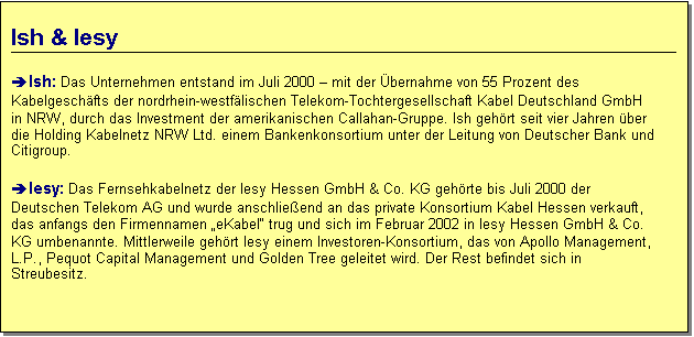 Textfeld: Ish & Iesy
Ish: Das Unternehmen entstand im Juli 2000  mit der bernahme von 55 Prozent des Kabelgeschfts der nordrhein-westflischen Telekom-Tochtergesellschaft Kabel Deutschland GmbH in NRW, durch das Investment der amerikanischen Callahan-Gruppe. Ish gehrt seit vier Jahren ber die Holding Kabelnetz NRW Ltd. einem Bankenkonsortium unter der Leitung von Deutscher Bank und Citigroup.
Iesy: Das Fernsehkabelnetz der Iesy Hessen GmbH & Co. KG gehrte bis Juli 2000 der Deutschen Telekom AG und wurde anschlieend an das private Konsortium Kabel Hessen verkauft, das anfangs den Firmennamen eKabel trug und sich im Februar 2002 in Iesy Hessen GmbH & Co. KG umbenannte. Mittlerweile gehrt Iesy einem Investoren-Konsortium, das von Apollo Management, L.P., Pequot Capital Management und Golden Tree geleitet wird. Der Rest befindet sich in Streubesitz.
 
